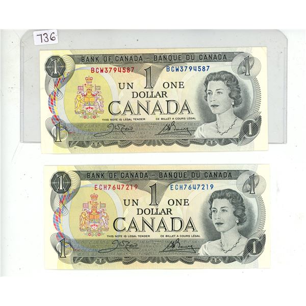 Lot of 2 x1973 canadian consecutive $1 bills-uncirculated