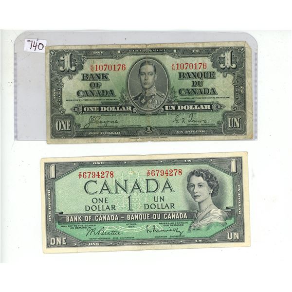1937 bank of canada $1 bill and 1954 canadian $1 bill