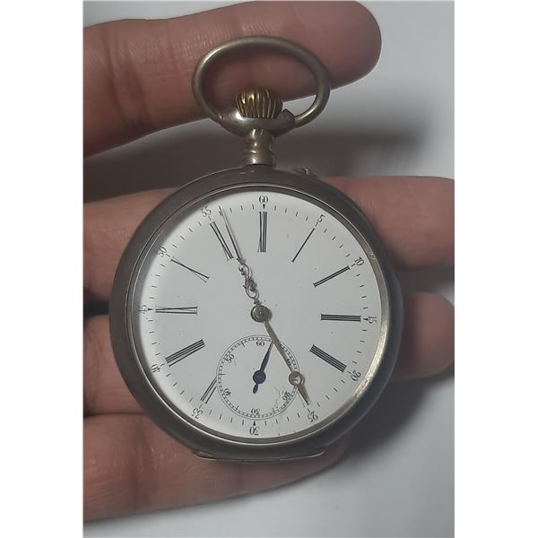 ANTIQUE SWISS POCKET WATCH, RUNS  SILVER CASE