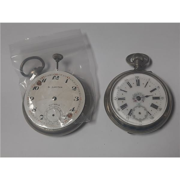 2 SWISS POCKET WATCHES, SILVER CASES PARTS/REPAIR