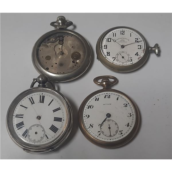4 SWISS POCKET WATCHES,  PARTS/REPAIR, 2-SILVER CASES