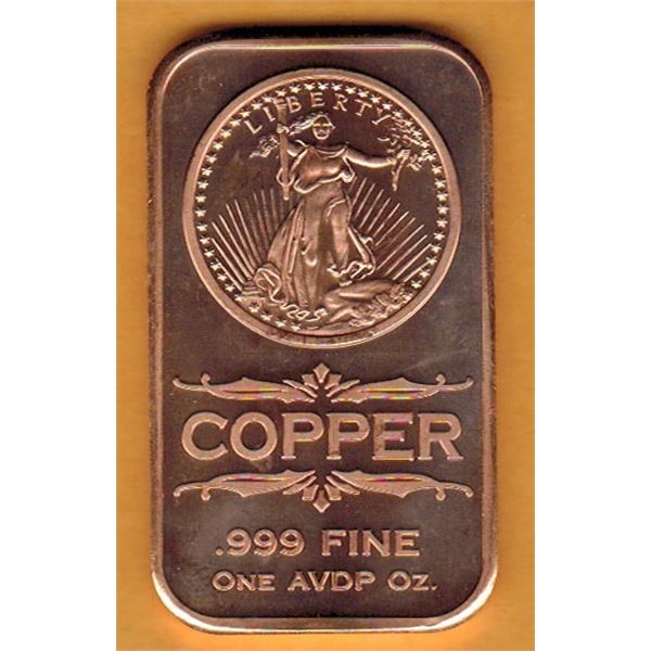 1 OUNCE COPPER BAR -  .999 FINE - ST. GAUDIENS COIN DESIGN