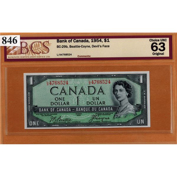 1954 BANK OF CANADA $1.00 DEVIL'S FACE BANKNOTE - BCS GRADED - CHOICE UNC 63
