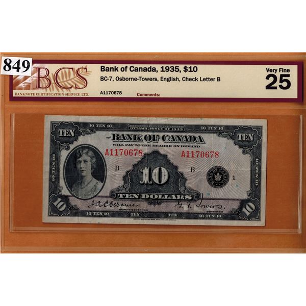 1935 BANK OF CANADA $10.00 BANKNOTE - BCS GRADED - VERY FINE 25