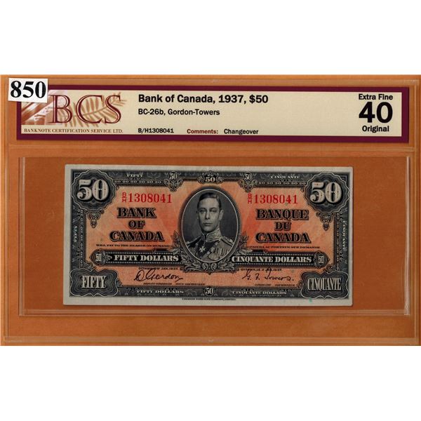 1937 BANK OF CANADA $50.00 BANKNOTE - BCS GRADED - EXTRA FINE 40