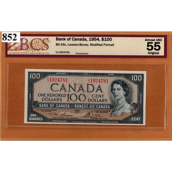 1954 BANK OF CANADA $100 BANKNOTE - BCS GRADED - ALMOST UNC 55