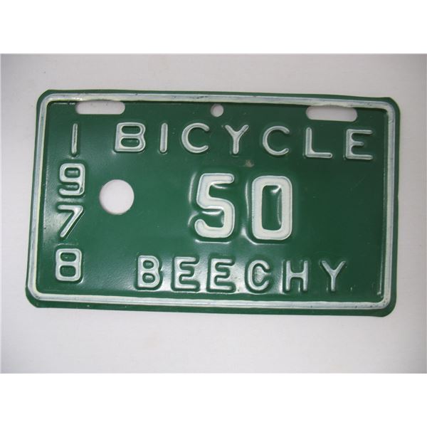 1978 BEECHY BICYCLE LICENCE PLATE  (Mint Condition)  3 1/4 inches by 5 3/8 inches