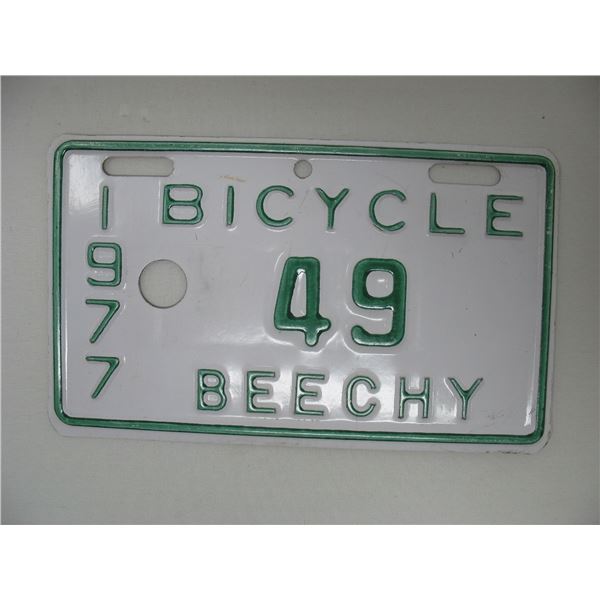 1977 BEECHY BICYCLE LICENCE PLATE  (Mint Condition)  3 1/4 inches by 5 3/8 inches