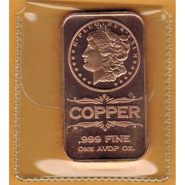 1 OUNCE COPPER BAR -  .999 FINE - MORGAN DOLLAR COIN DESIGN