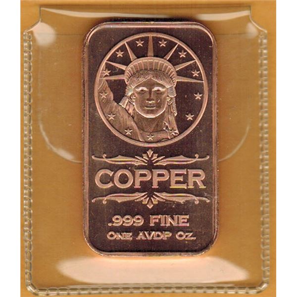 1 OUNCE COPPER BAR -  .999 FINE - STATUE of LIBERTY