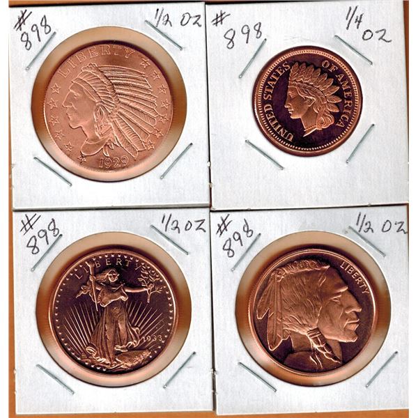 LOT OF 4 COPPER COINS - US COIN DESIGNS - 3 are 1/2 Ounce Coins the other is 1/4 Ounce Coin