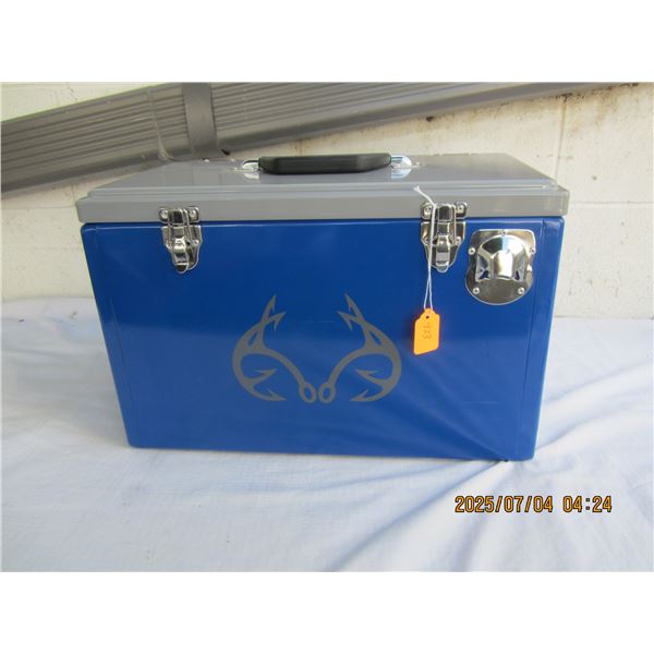 Blue Metal Beer Cooler Stainless Steel inside 11 inches High 18 inches long 10 inches deep
