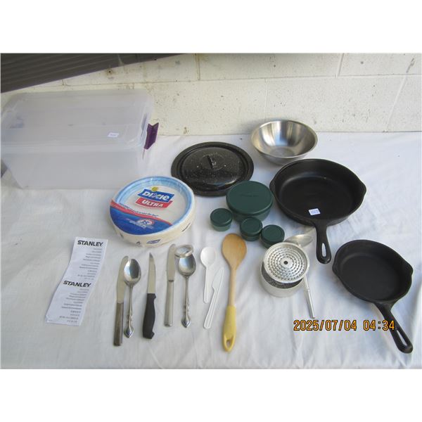 Lot of Camping Cooking Stuff Cast Iron Frying Pans , Utensils Plates Ect.