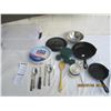 Image 1 : Lot of Camping Cooking Stuff Cast Iron Frying Pans , Utensils Plates Ect.