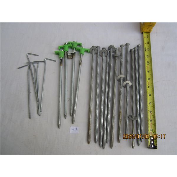 Large Lot of Heavy Duty Tent Pegs and 12 inch Twist Spikes for Camping