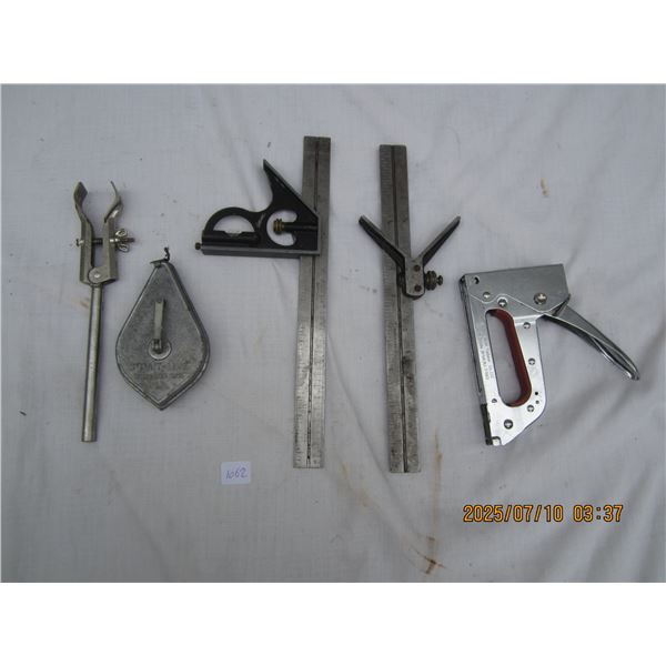 Lot of Hand Tools Chalk Line, Stapler, Square Ect.