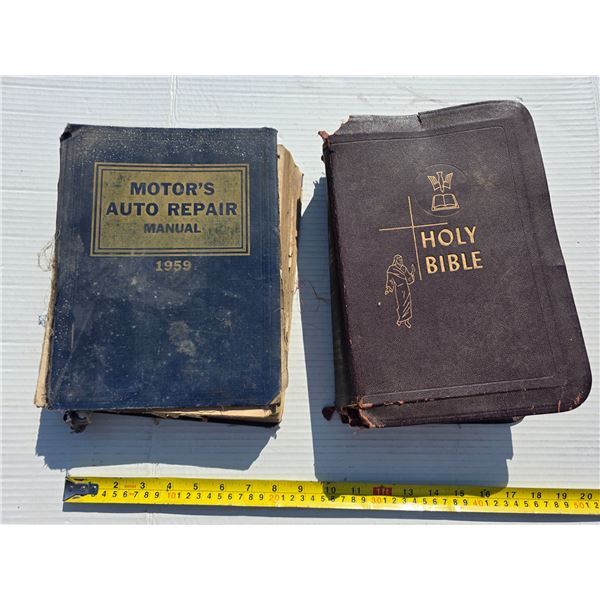 2 books- bible and repair manual- fromns 1950's