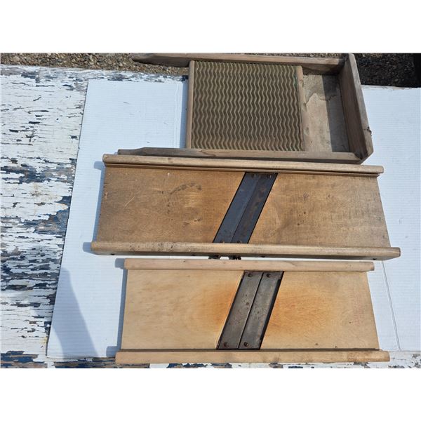 2 antique apple slicers and washboard