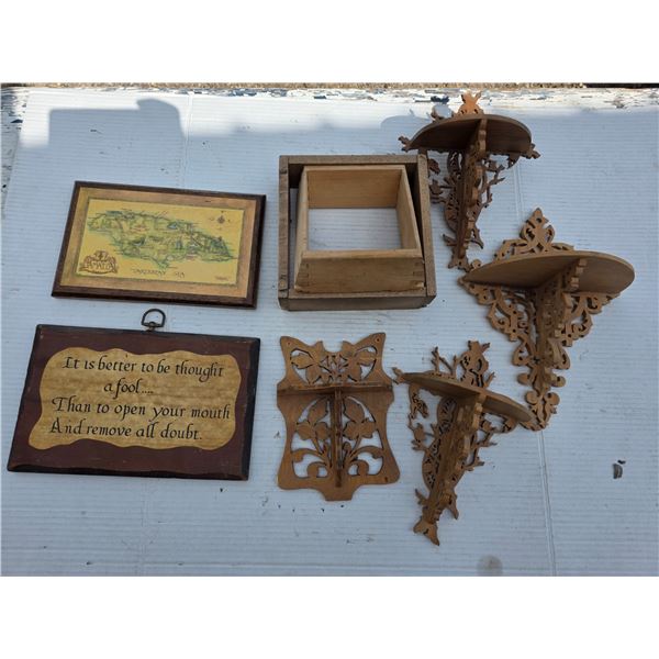 Lot of vintage wood items- shelves, signs