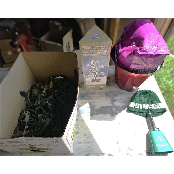 Box of Misc Stuff/Rider Crochet Toque/Rider Hand Bell