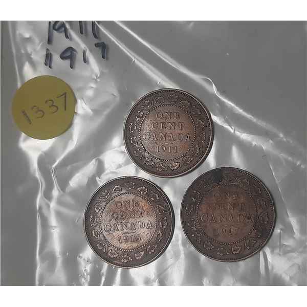 1911, 1916, 1917 Canadian Large One Cent.