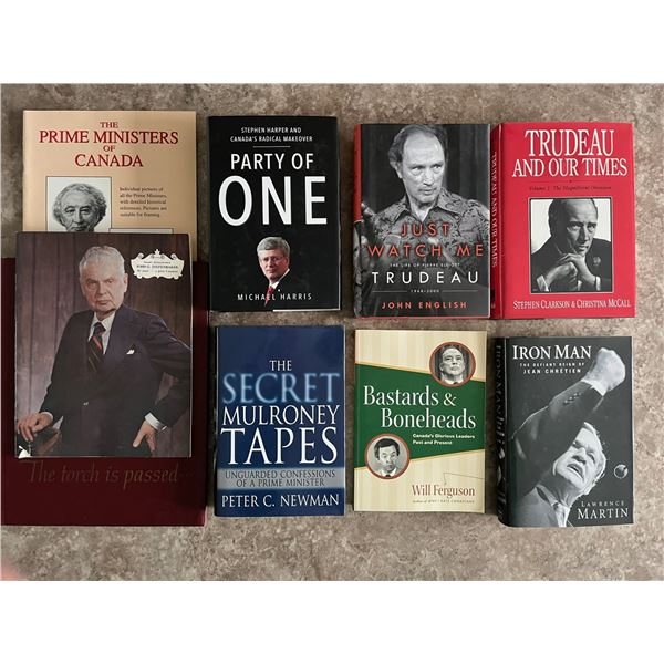Books featuring Canadian Prime Ministers. Trudeau, Cretien, Harper, Mulroney, Diefenbaker.