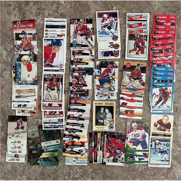 Montreal Canadians lot of 80 different hockey cards. Mixed brands. Mixed years. Patrick Roy.