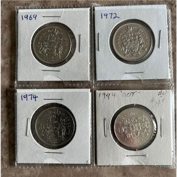Lot of 4 50 cent Canadian coins from 1969, 1972, 1974, 1994 DOT