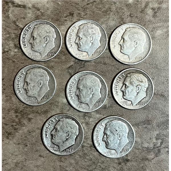 Lot of 8 American US silver dimes from 1946 to 1949