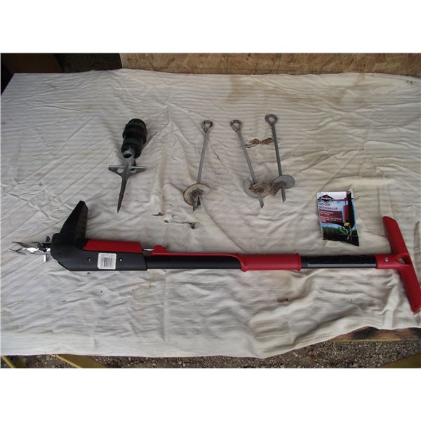 Dandelion /weed puller, water sprinkler and 3 auger tie down pins.
