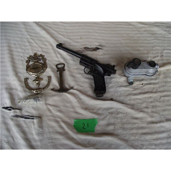 Brass door knocker, corkscrew/bottle opener, CO2 pistol, Propane two bottle diverter.