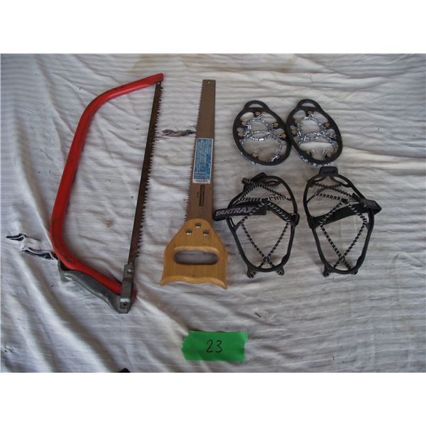 Two hand saws, and two sets of ice cleats