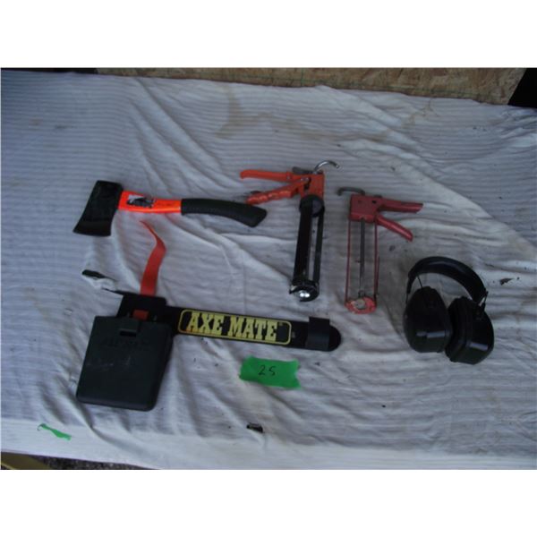 Small hatchet and carry case / two caulking guns / ear muffs