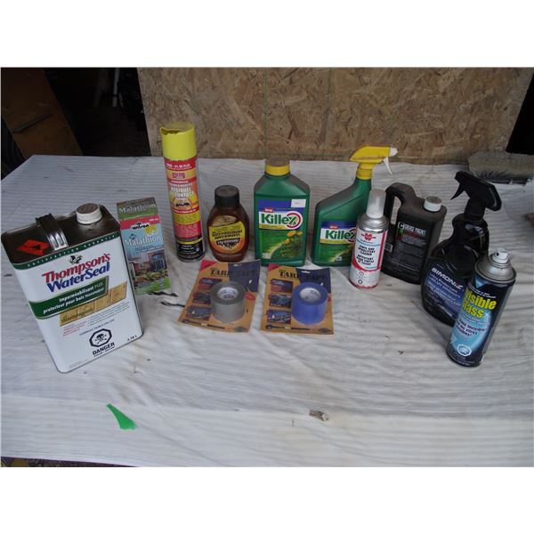 Box of assorted cleaners, weed/insect control (lots left in containers), almost full water seal, lea