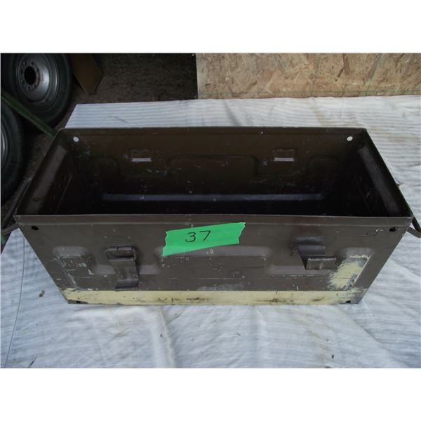 Ammo box, nice and straight, not beat up. Works fine. One complete set of rain gear. (New) LRG size.