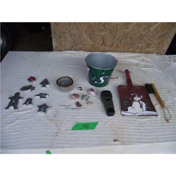 Assort of ornaments,  vint cookie cutters, thermocell insect repel, novelty dust pan/broom and Sask 