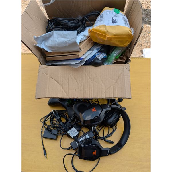 Box full of Misc. Cables, Xbox Accessories, Plug ins, and etc.