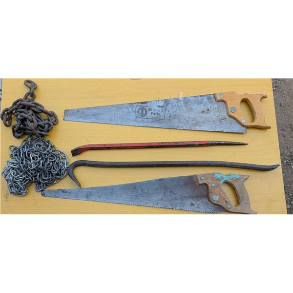 2-Wood Saws, 3 Pry Bars, 3 Chains