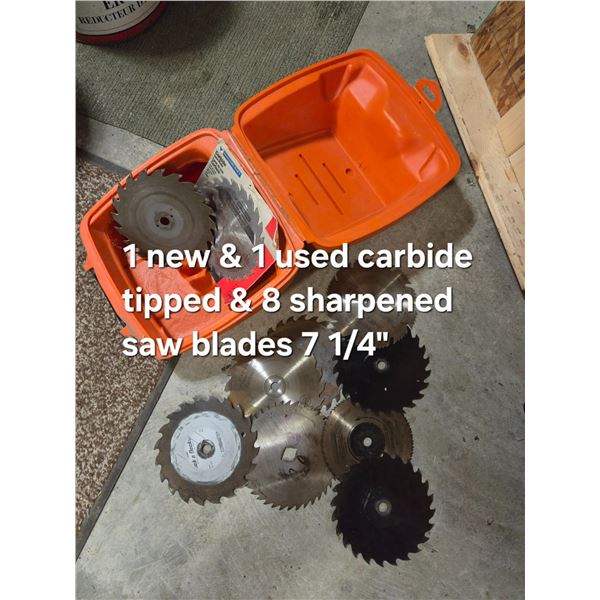 10- 7 1/4" Saw Blades- 1 Carbide/1 Used- 8 Sharpened- Carry Box