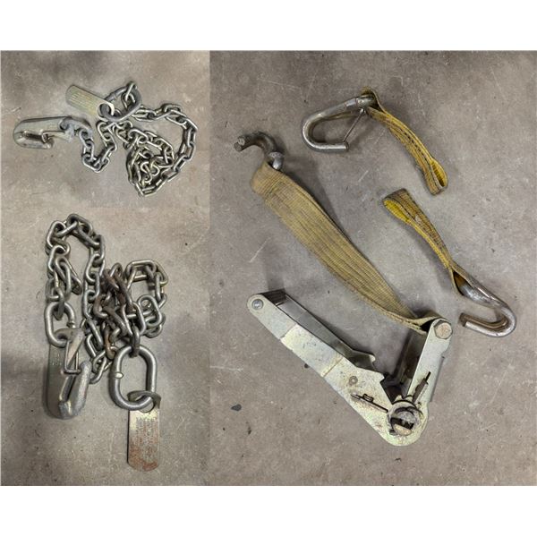 2- Approx. 5' Trailer Safety Chains(NEW)/2" HD Rachet Binder 2 Hooks
