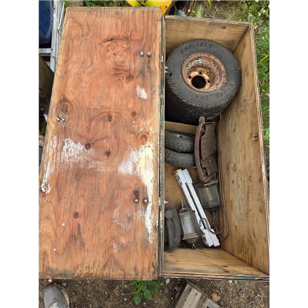 Wood storage chest with contents