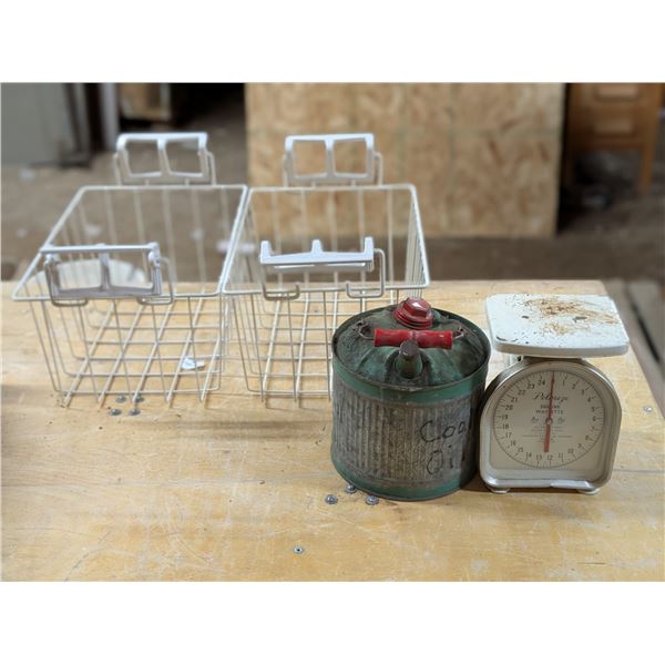 Vintage Scale, Vintage Gas Can, and (2) Wire Baskets