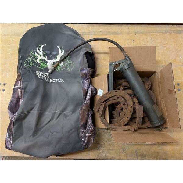 1900 Draft horse Shoes, Grease Gun, + Truck Seat Covers