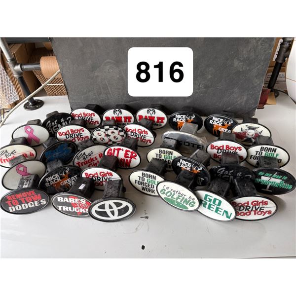 large assortment of trailer hitch covers