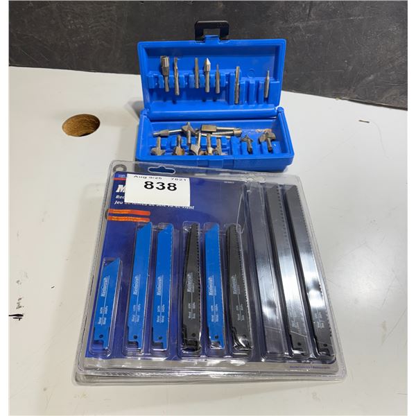 Router, bits, and assortment of sawzall blades