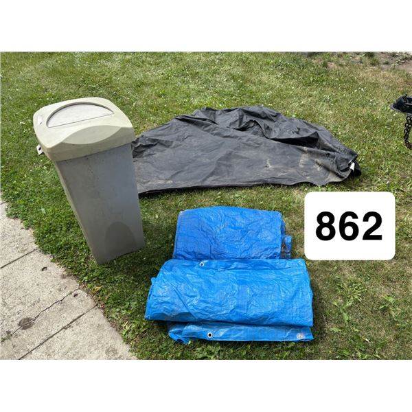 Lot of garbage can/ 2 blue tarps / lg bbq tarp