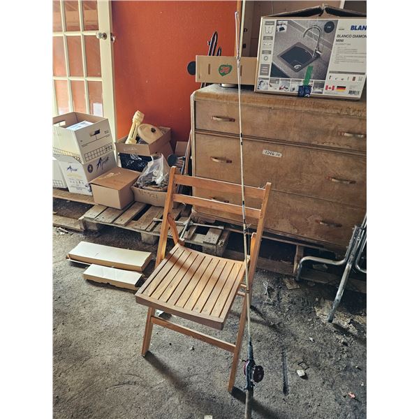 Wooden Folding Chair/Vintage Fishing Rod & Reel