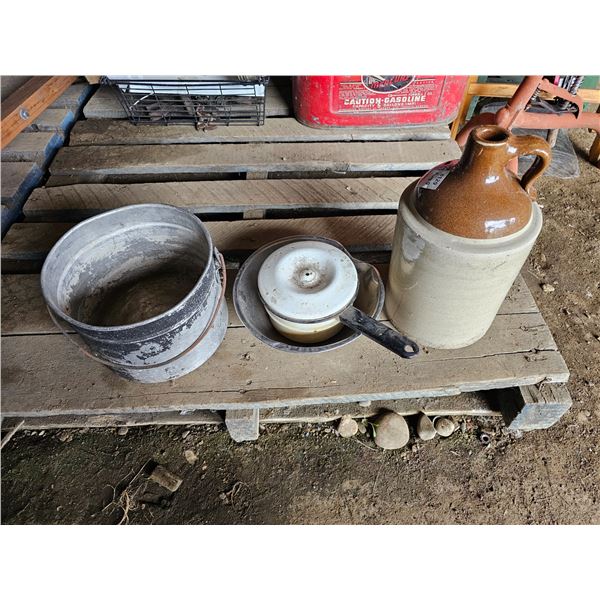 Vintage Whiskey Jug/Enamel Pot/Bucket/Mixing Bowl