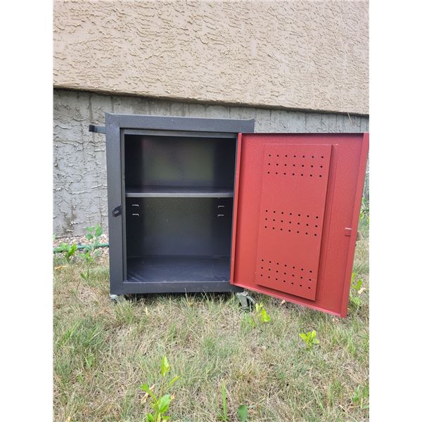 R.U.C. INDUSTRIAL small red and charcoal grey metal cabinet on wheels 18" x 23" x 11"