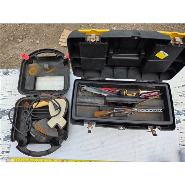Stanley tool box with contents and sander